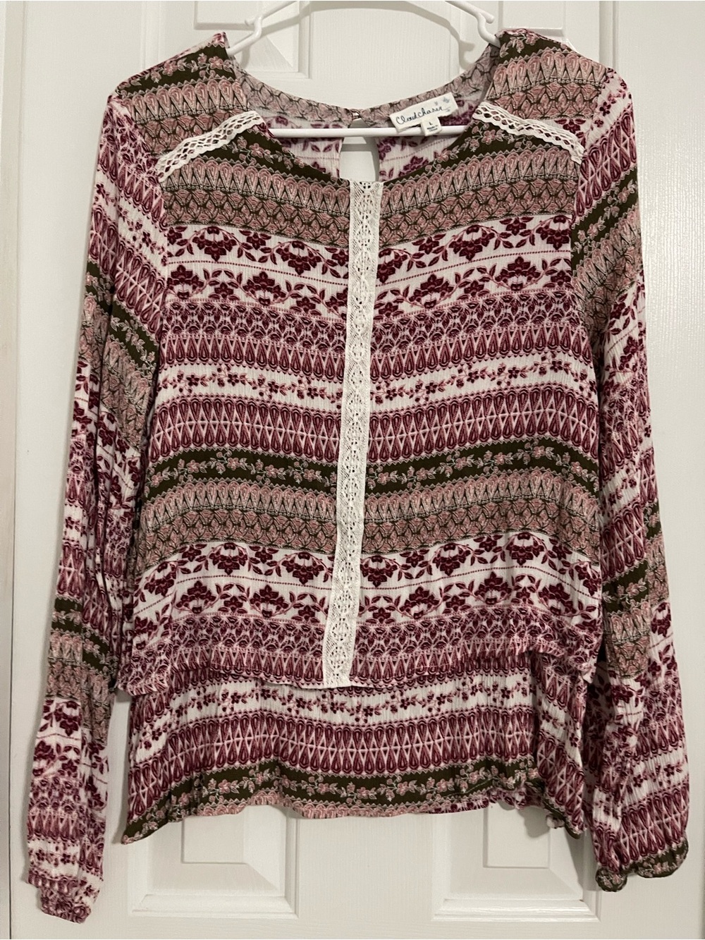 Cloud Chaser Pink Patterned Lace-Trim Long Sleeve Top